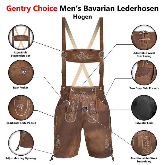 Authentic Bavarian Lederhosen for Men with Suspenders Oktoberfest Costume Short - Picture 7 of 8